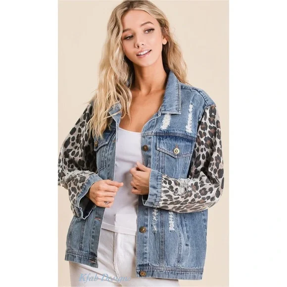 ❤️LAST 1! Distressed Denim Leopard Accent Button Front Jacket! - Picture 7 of 9